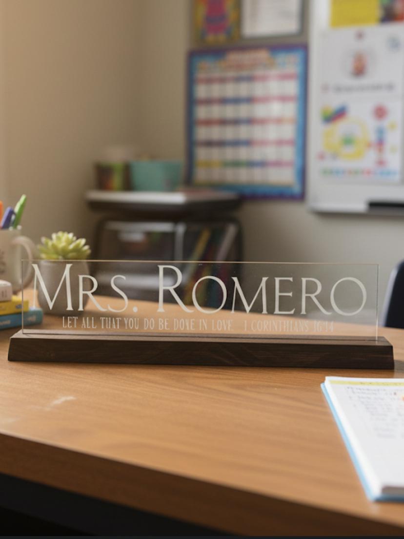 Personalized Glass Name Sign – Scripture Decor with Stained Wood Base