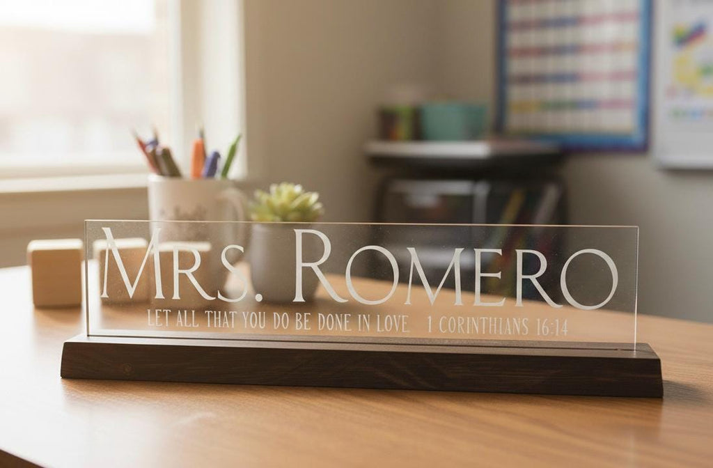 Personalized Glass Name Sign – Scripture Decor with Stained Wood Base