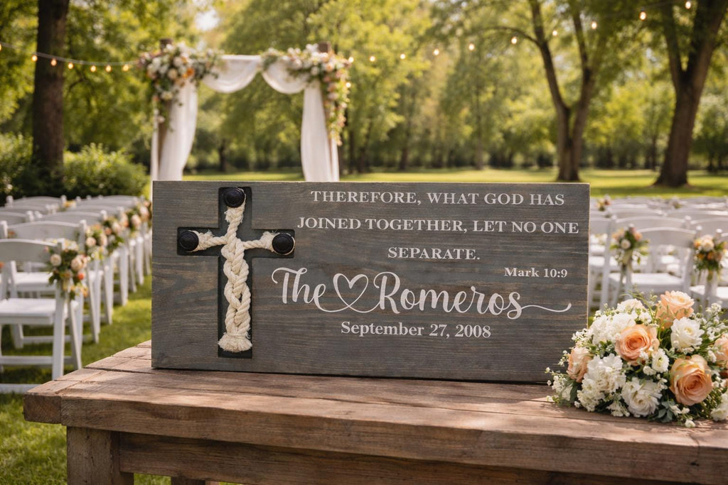 Solid Wood Wedding Sign – Mark 10:9 Covenant Rope Cross Heirloom