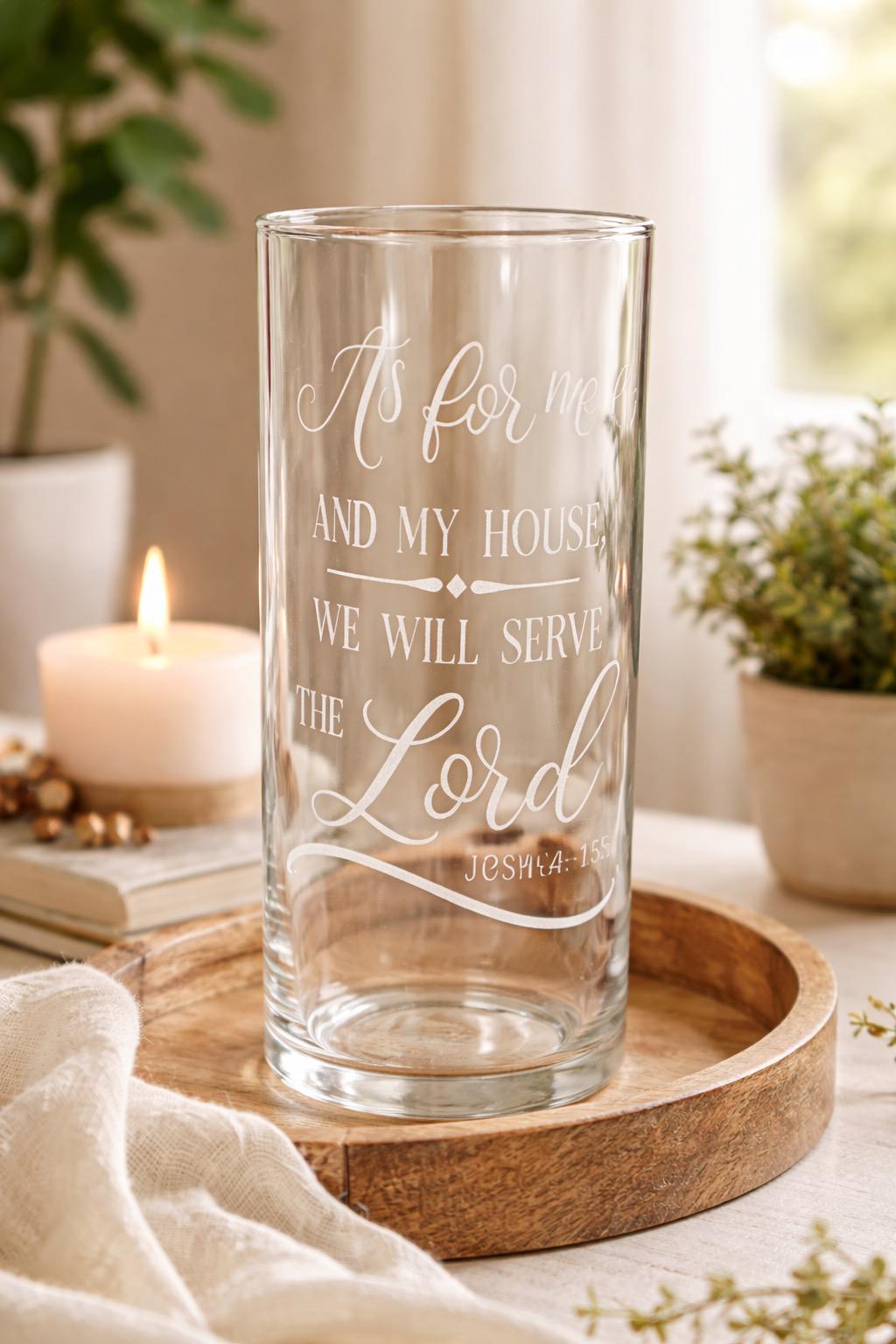 Joshua 24:15 Etched Glass Vase – Christian Farmhouse Decor