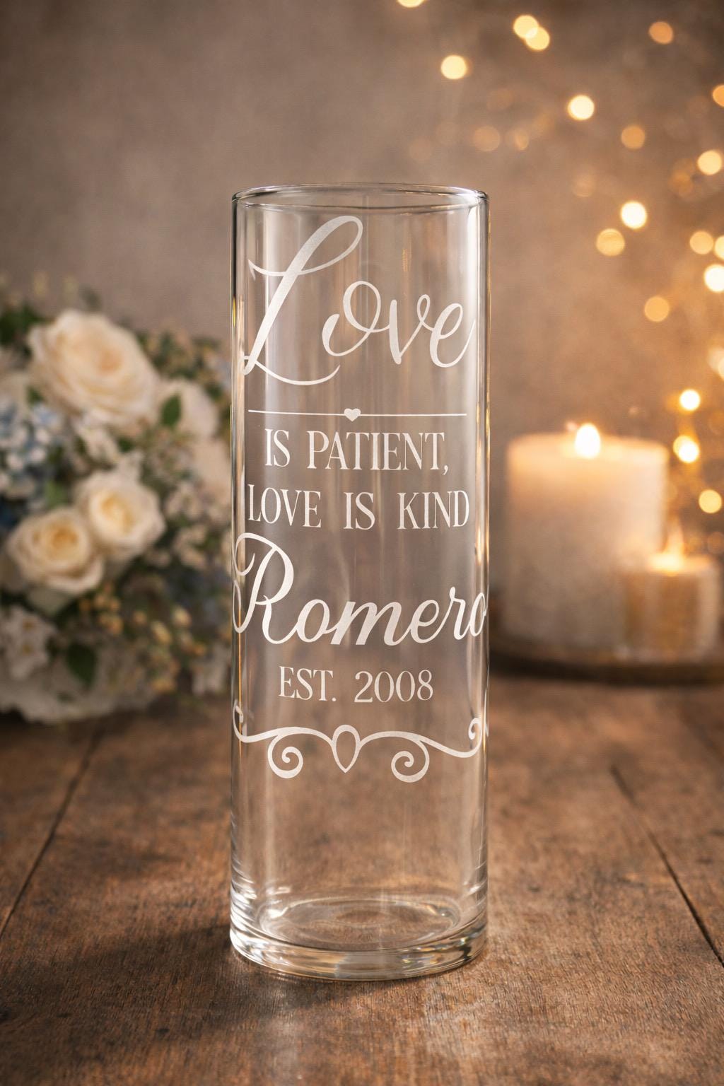 Love Is Patient Etched Glass Vase – Personalized Wedding Centerpiece