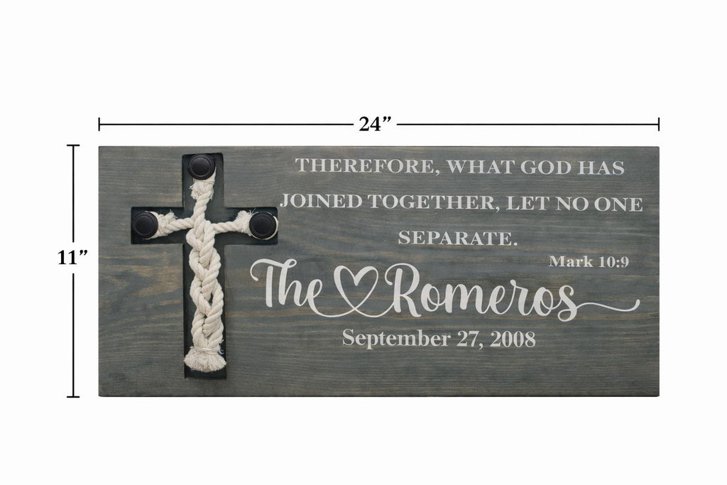 Solid Wood Wedding Sign – Mark 10:9 Covenant Rope Cross Heirloom