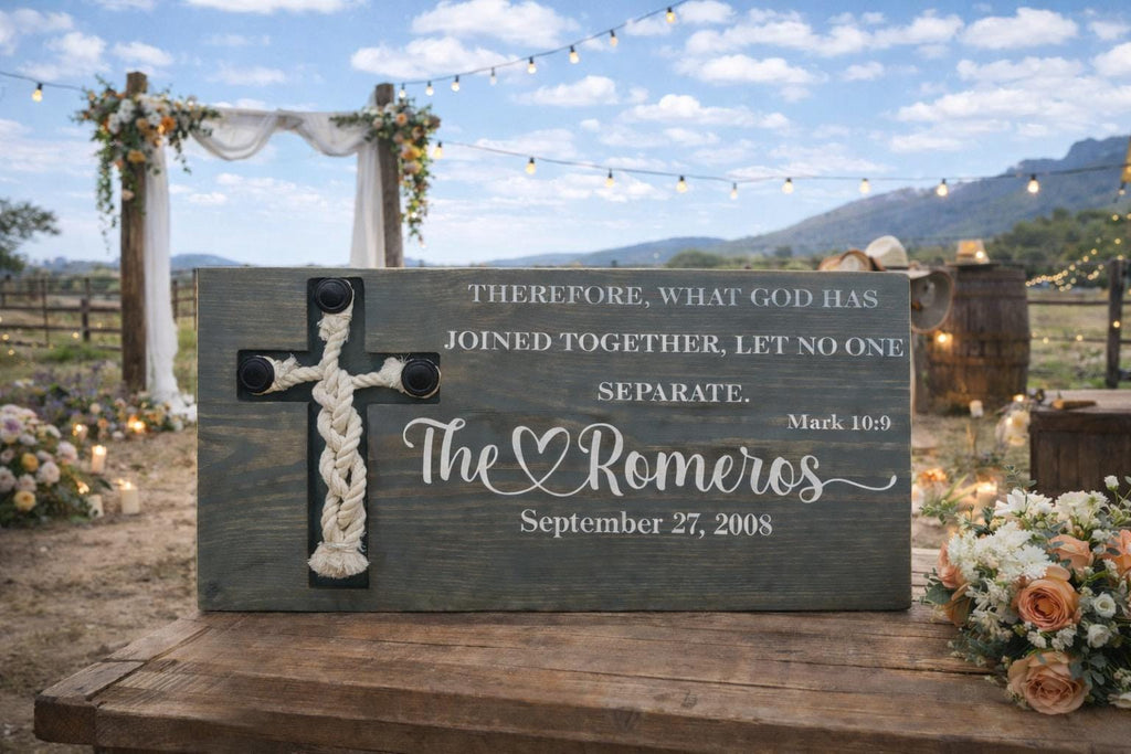 Solid Wood Wedding Sign – Mark 10:9 Covenant Rope Cross Heirloom