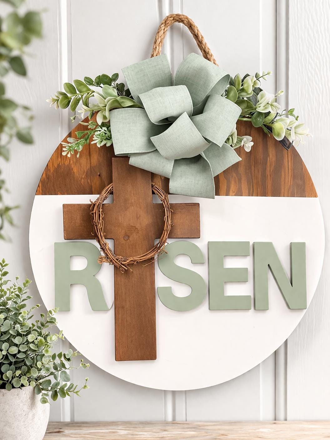 Risen Easter Christian Door Hanger – Farmhouse Spring Decor